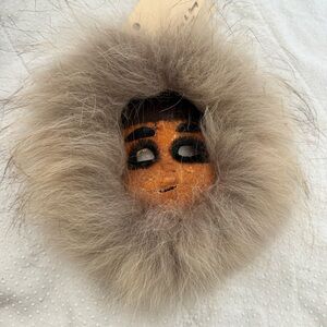 Vintage Handmade Native Inuit Eskimo Leather Fur Skin Mask Wall Hang Ornament
